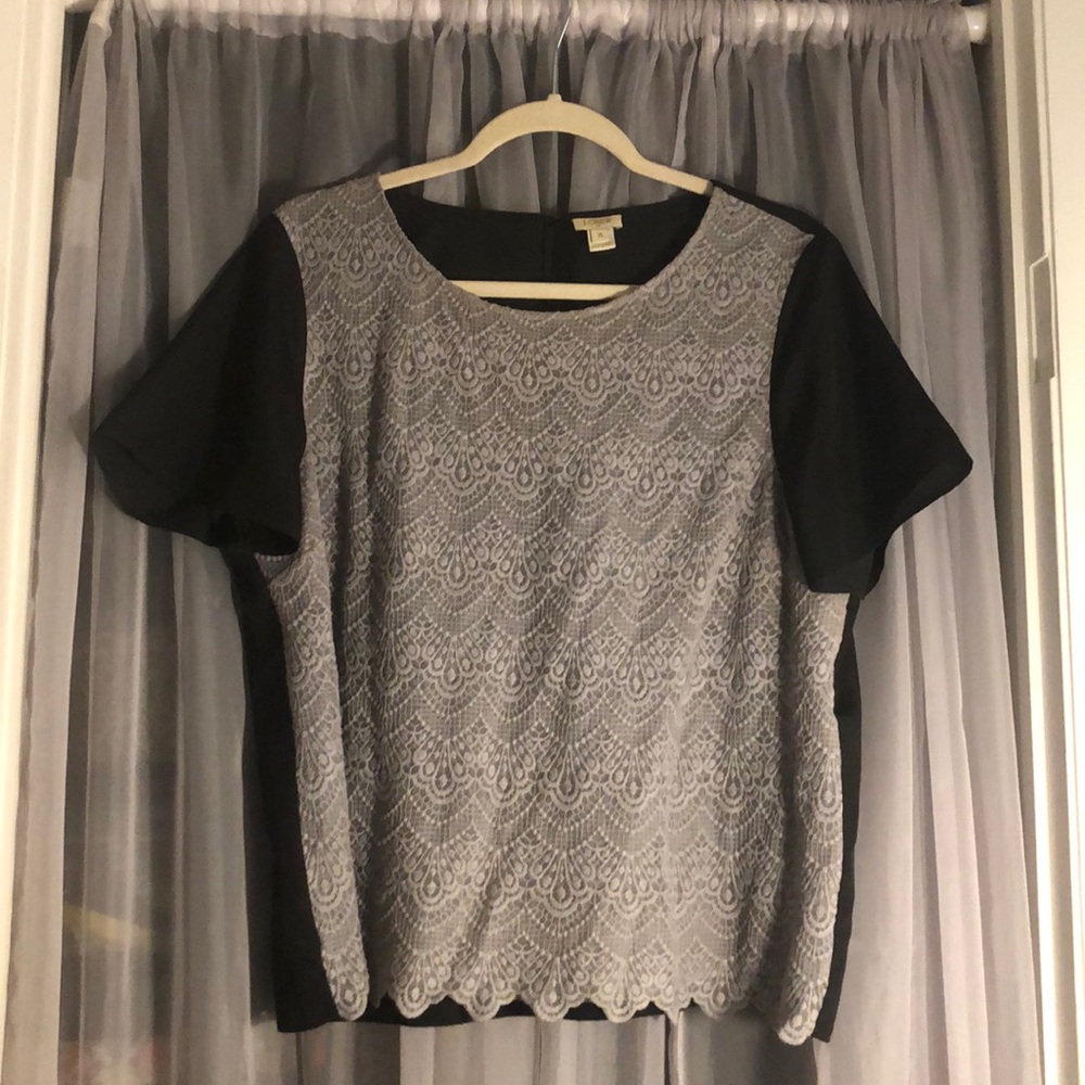 JCrew Grey Scalloped Lace with Black Back Blouse